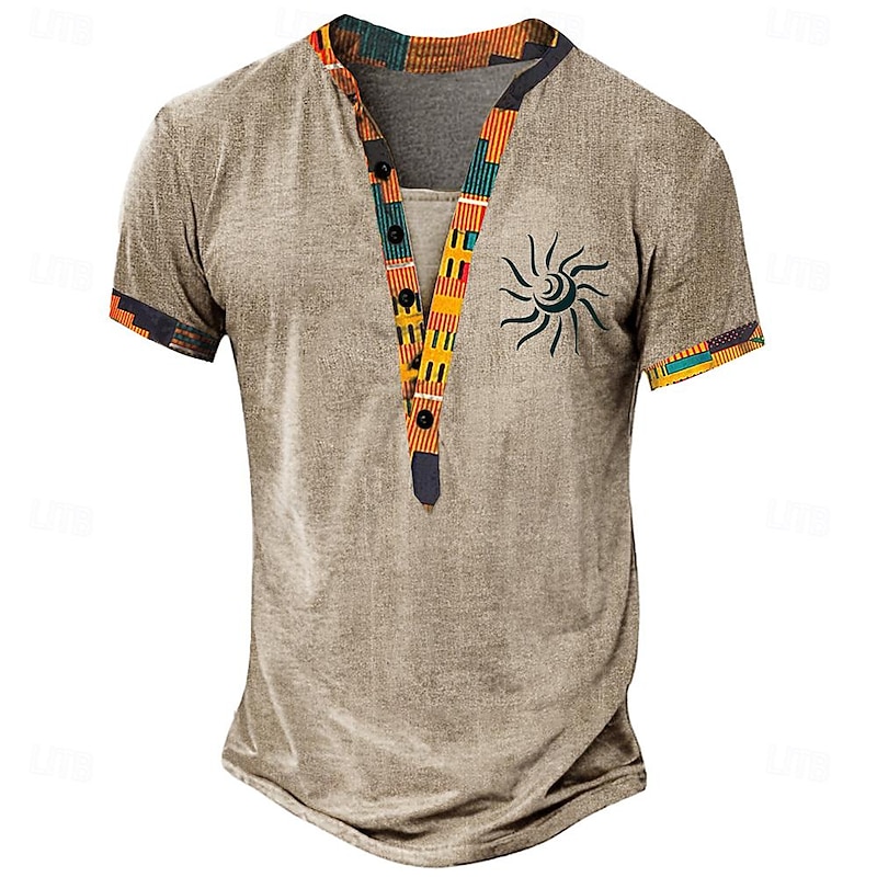Men's Tribal Bandana Print T Shirt Henley Shirt Short Sleeve 3D Print Designer Ethnic Casual Daily Summer Spring Yellow Green Khaki Henley Henley T-Shirt - Main Image