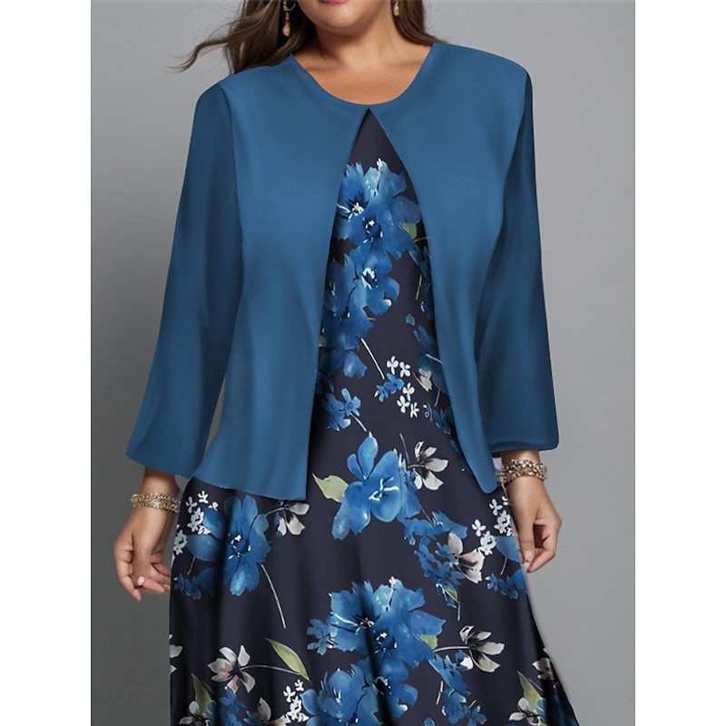 Women's Plus Size Midi Dress Dress Set Casual Dress Swing Dress Print Dress Fashion Streetwear Floral Print Long Sleeve Crew Neck Outdoor Vacation Burgundy Navy Blue Blue Fall Winter Regular Fit3