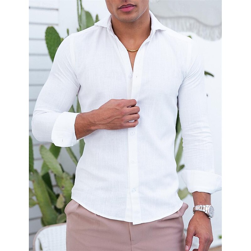 Men's Shirt Linen Shirt Summer Shirt Beach Wear Button Up Shirt Solid Color Street Daily Black White Long Sleeve Collarless Clothing Apparel2