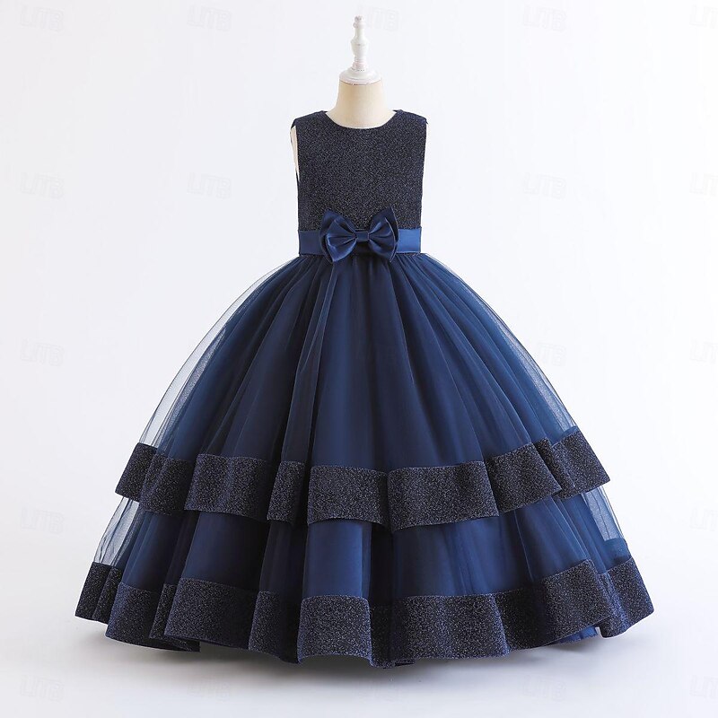 Kids Girls' Dress Party Dress Solid Color Sleeveless Special Occasion Birthday Elegant Princess Polyester Maxi Party Dress Summer Spring 4-13 Years Navy Blue Green