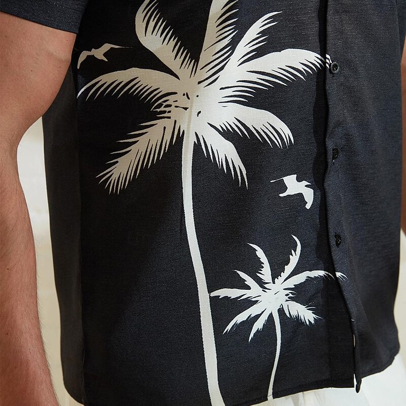Men's Coconut Tree Tropical Plants Shirt Summer Hawaiian Shirt Aloha Shirt Short Sleeve Shirt Stand Collar Casual Outdoor Vacation Street Black S M L3