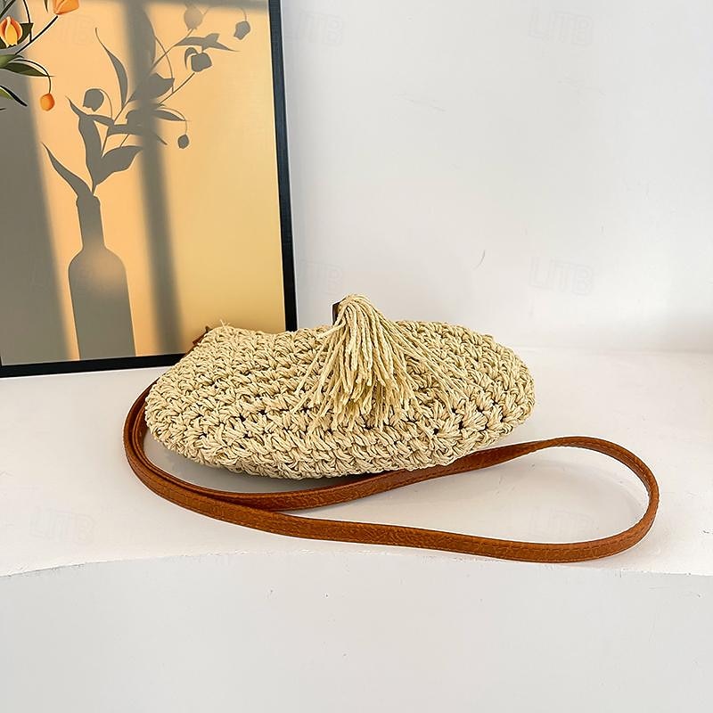 Women's Woven Straw Crossbody Bag – Boho Tassel Handbag with Bead Detail and Leather Strap for Summer Beach Trips and Casual Outings4