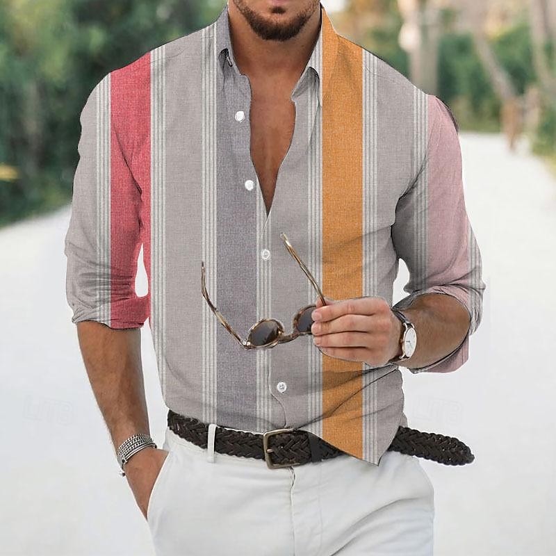 Men's Shirt Summer Shirt Casual Shirt Beach Shirt Button Up Shirt Blue Purple Orange Green Long Sleeve Stripes Turndown Vacation Hawaiian Button-Down Clothing Apparel Polyester Fashion Casual