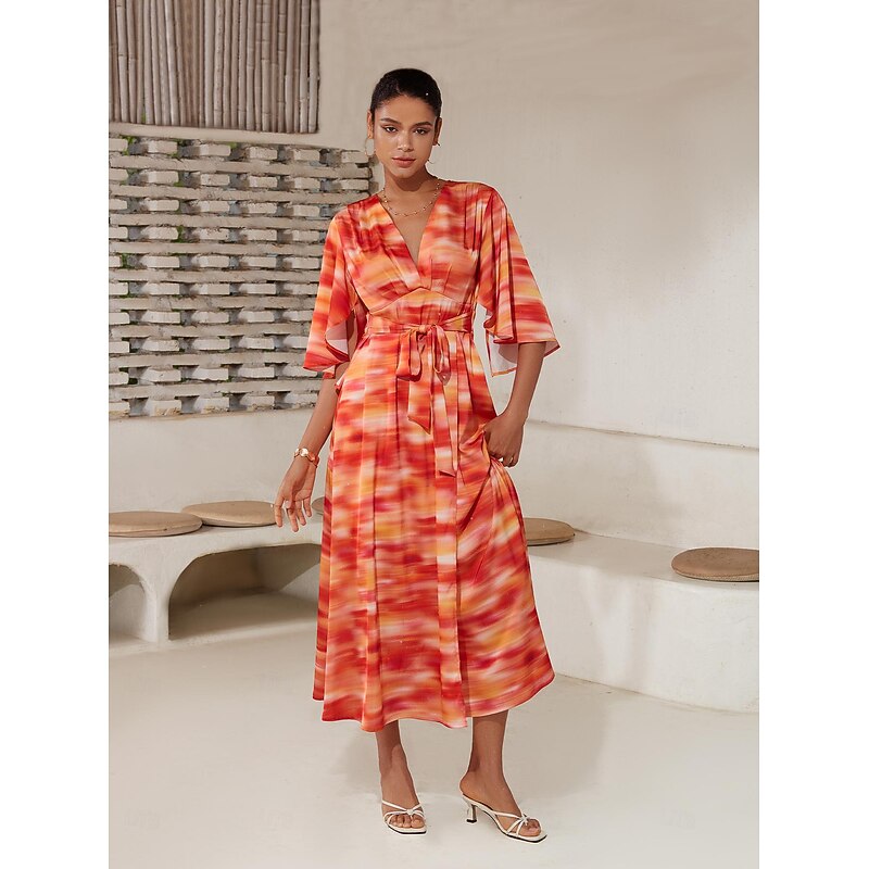 Shading Print V Neck Maxi Dress