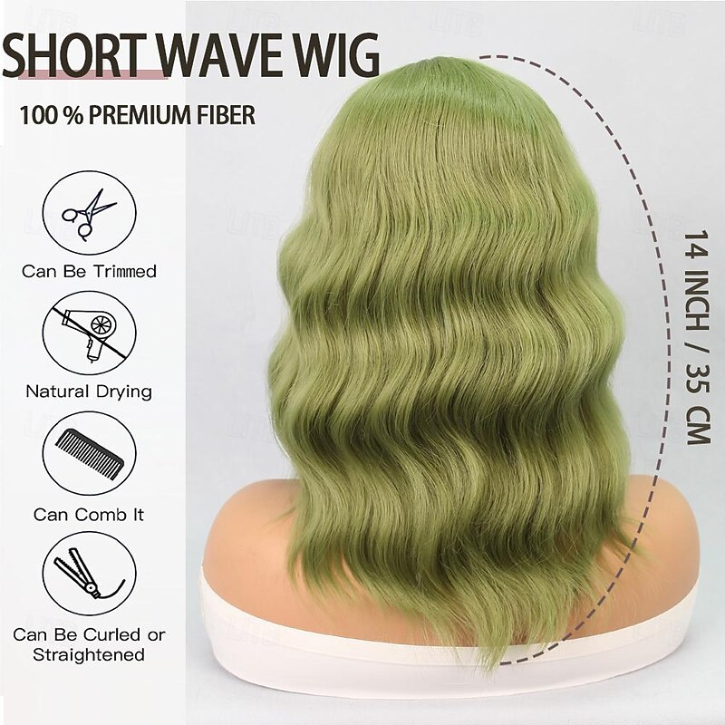 Synthetic Lace Wig Wavy Style 14 inch Green Middle Part T Part Wig Women Wig Fruit Green4