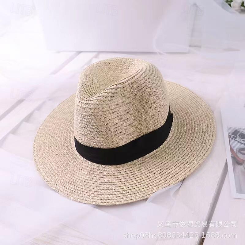 Women's Hat Straw Hat Sun Hat Portable Windproof Breathable Street Daily Weekend Splice Pure Color3