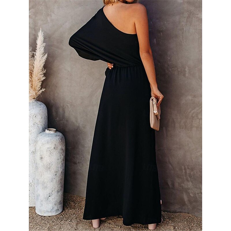 Women's Casual Dress Maxi Dress Split Vacation Streetwear Maxi One Shoulder 3/4 Length Sleeve Black Red Blue Color3