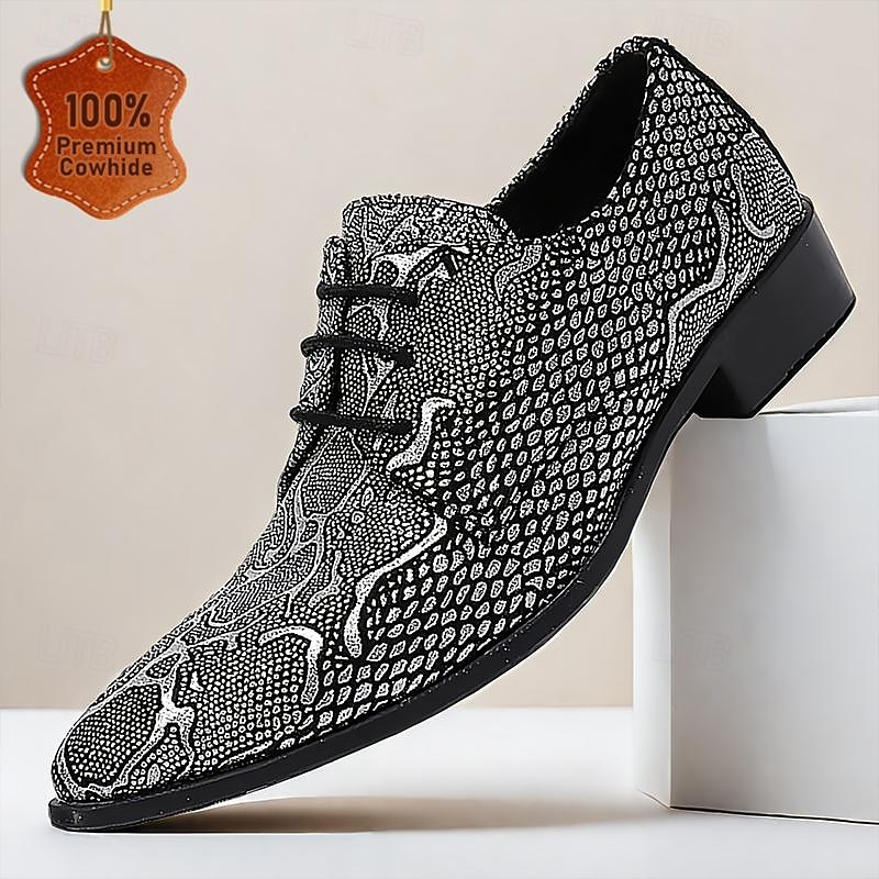 Men's Dress Shoes Printed Oxfords Snakeskin Shoes Leather Italian Full-Grain Cowhide Comfortable Slip Resistant Lace-up Black