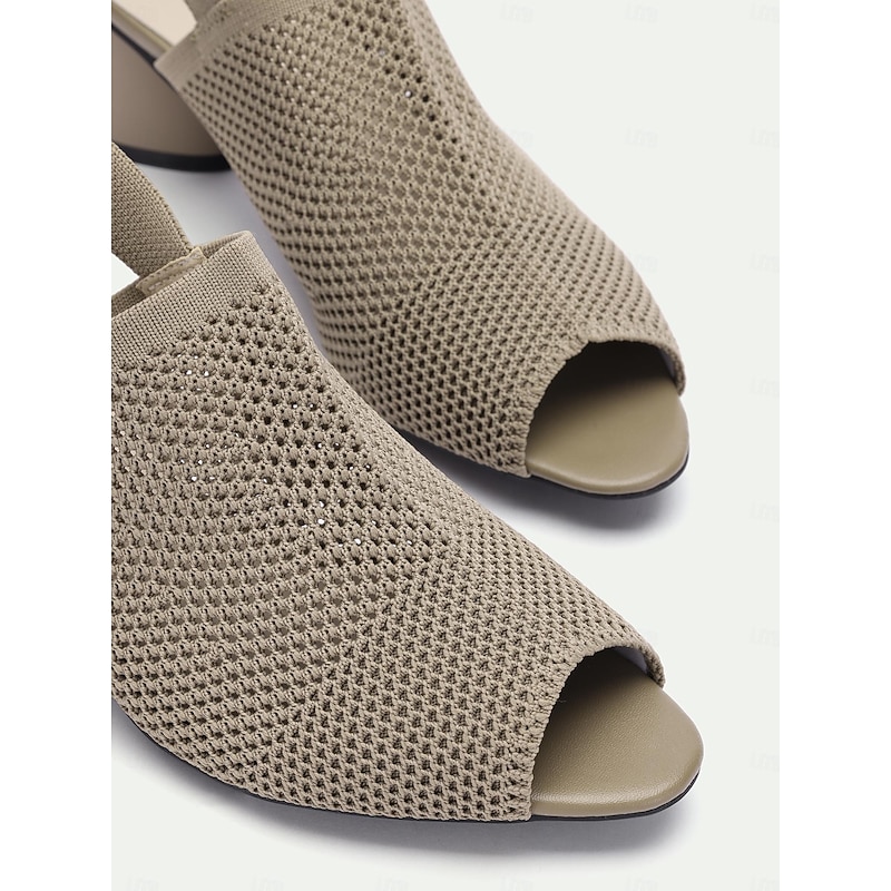 Women's Beige Peep Toe Slingback Heels - Stylish Knitted Block Heel Sandals4