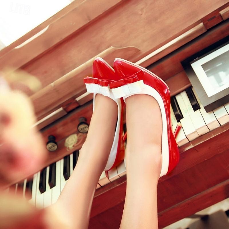 Women's Heels Daily Bowknot Stiletto Pointed Toe Cute Patent Leather PU Loafer Black Red