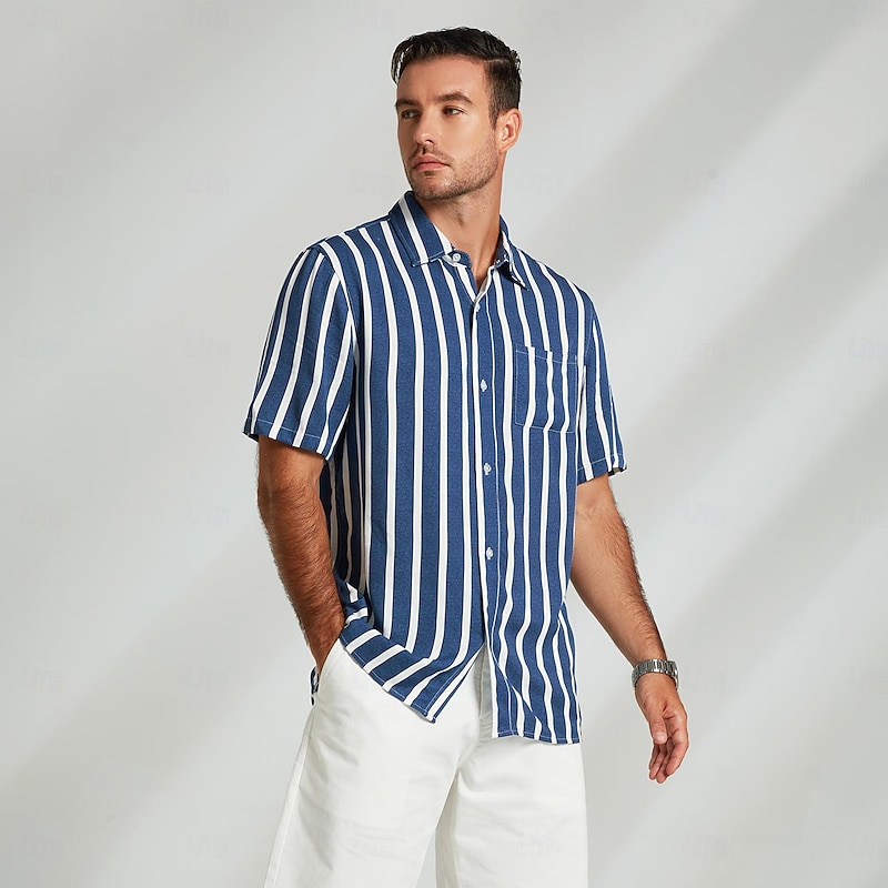 Men's Shirt Button Up Shirt Casual Shirt Beach Shirt Blue Light Blue Short Sleeve Striped Turndown Shirt Collar Party Causal Button Clothing Apparel Daily Casual Daily4