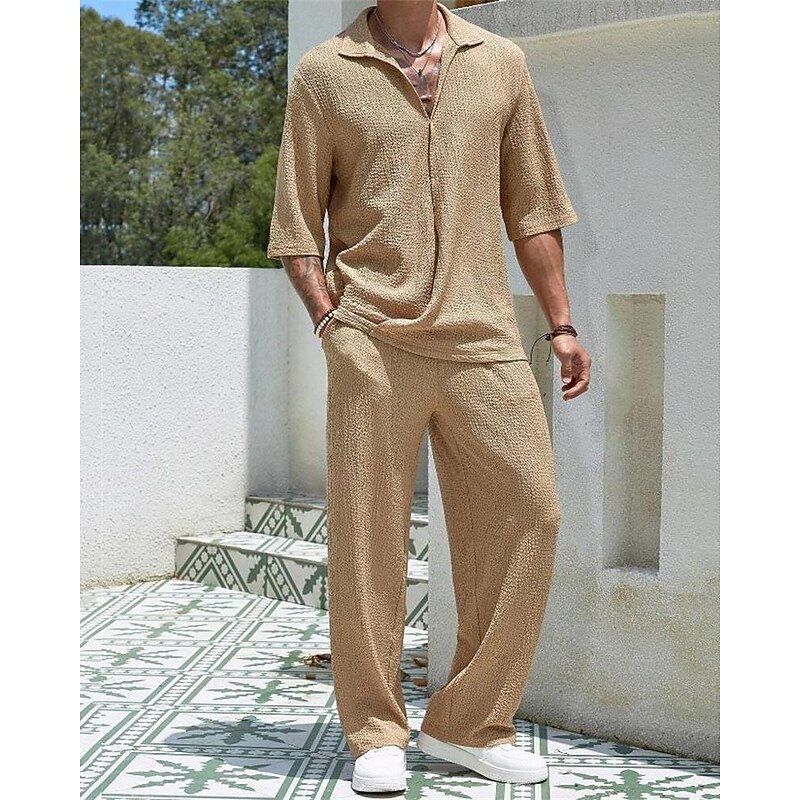 Men's T-shirt Suits 2 Pieces Outfits Tee & Shorts Short Sleeve Turndown Summer Plain Fashion Casual 2 Piece Vacation Daily Wear Going out Black Blue Brown Top Tee for Men