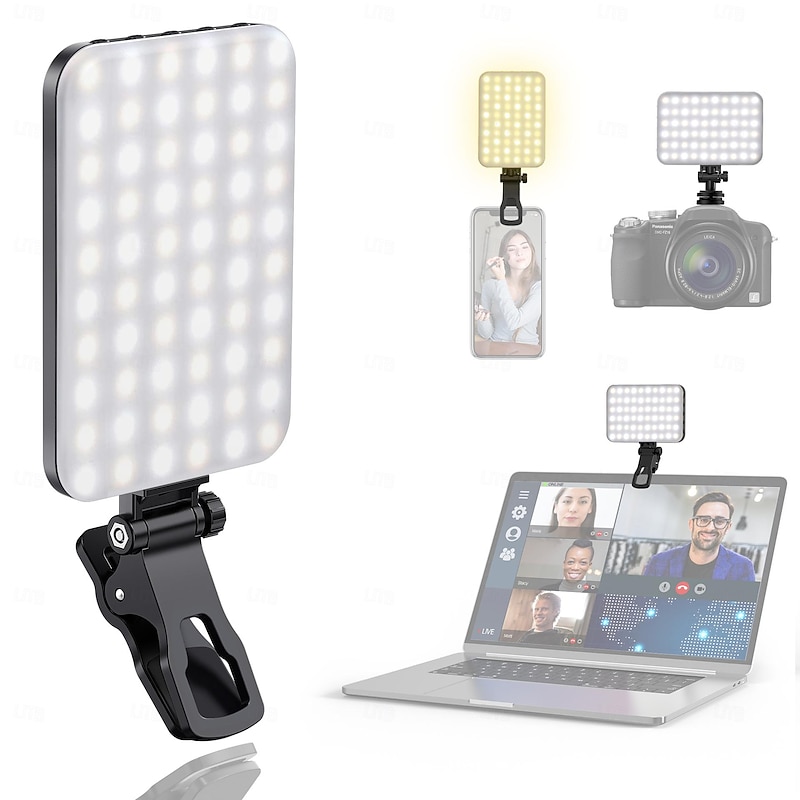 60LED Portable Selfie Light Video Conference Lighting with Clip & Camera, Rechargeable Fill Light Tri-color Modes for Phone iPhone Webcam Laptop Photo Makeup
