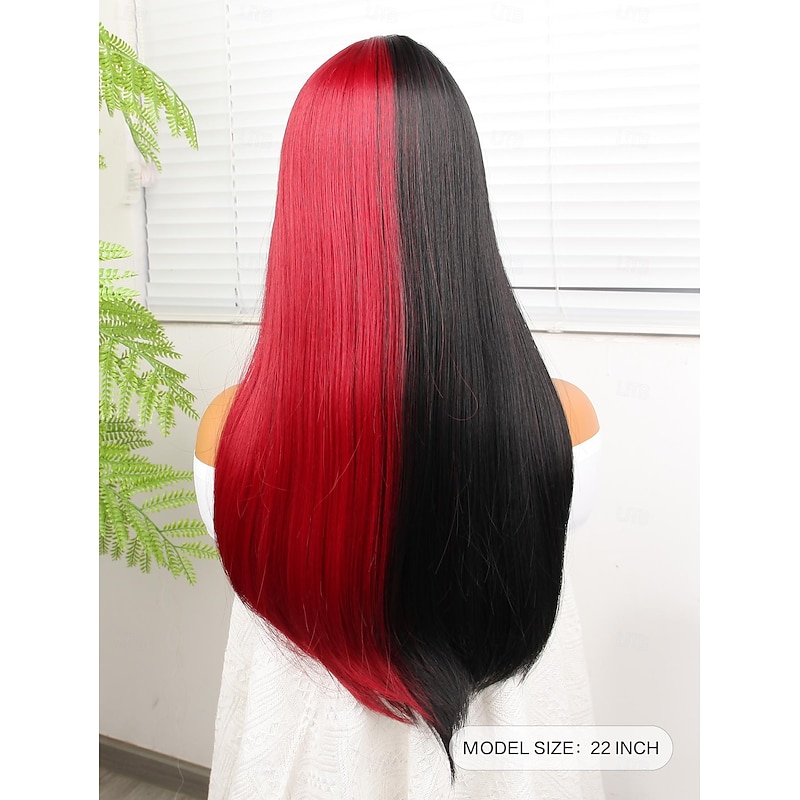 Synthetic Wig Yaki Straight Neat Bang Wig 22 inch Black / Red Synthetic Hair 22 inch Women's Multi-color3