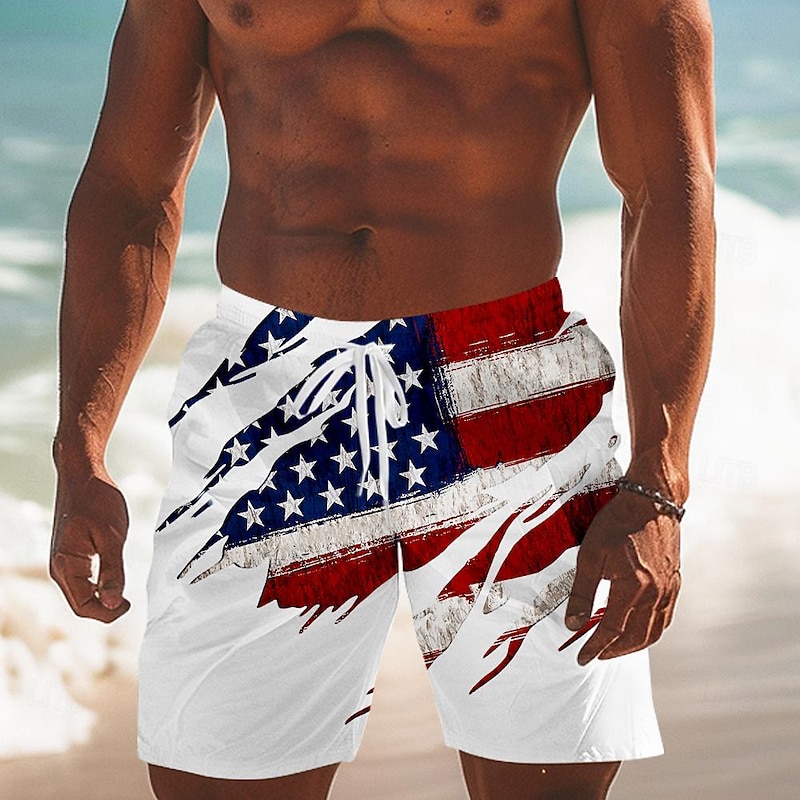 Men's Flag American Flag National Flag Swim Trunks Swim Shorts Board Shorts Mid Waist Fashion Streetwear Designer Casual Daily Holiday Pocket Drawstring Elastic Waist Designer Clothing Apparel
