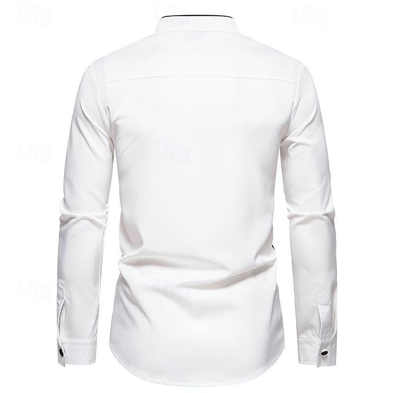 Men's Shirt Chinese Collar Shirt Mandarin Collar Shirt Summer Shirt Casual Shirt Beach Shirt White Yellow Long Sleeve Color Block Grandad Collar Band Collar Vacation Hawaiian Patchwork Clothing3