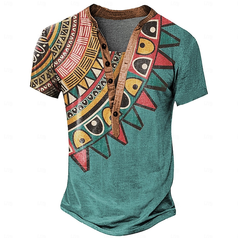 Men's Graphic Tribal Henley Shirt Short Sleeve 3D Print Fashion Designer Basic Daily Summer Royal Blue Light Brown Khaki Stand Collar Henley T-Shirt