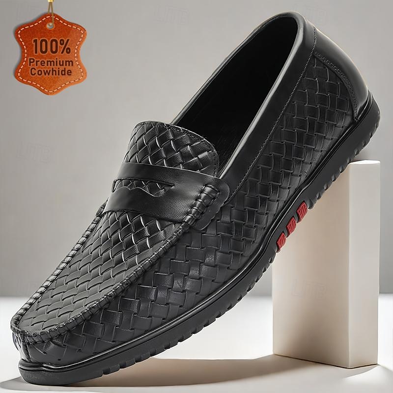 Men's Woven Leather Slip-On Loafers - Stylish Black Casual Driving Shoes