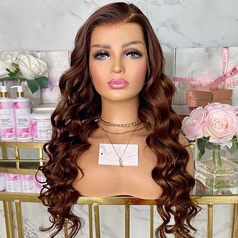 Remy Human Hair 13x4 Lace Front Wig Free Part Brazilian Hair Loose Wave Loose Curl Brown Wig 130% 150% Density 100% Virgin Glueless Pre-Plucked For Women Long Human Hair Lace Wig3
