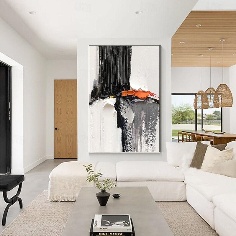 Oil Painting hand painted Black and White 3D Texture Abstract Painting Large Minimalist Abstract painting Wall Art Orange Texture Painting Black and White Minimalist Painting2