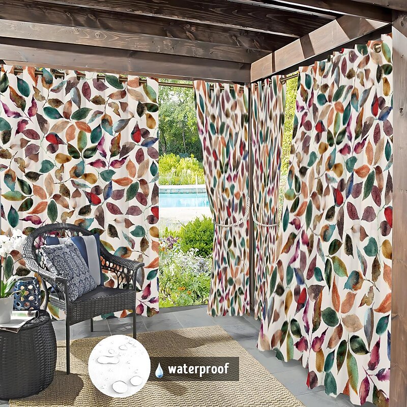 Waterproof Outdoor Curtain Privacy, Sliding Patio Curtain Drapes, Pergola Curtains Grommet Colorful Leaves For Gazebo, Balcony, Porch, Party, 1 Panel2
