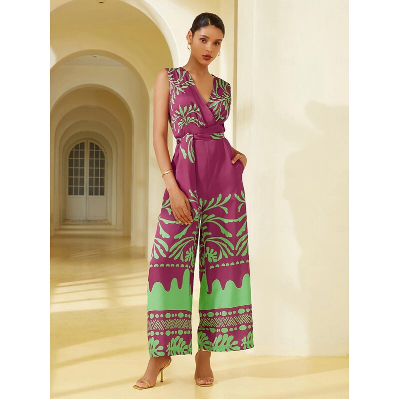 Satin Plant Print Jumpsuit - Main Image