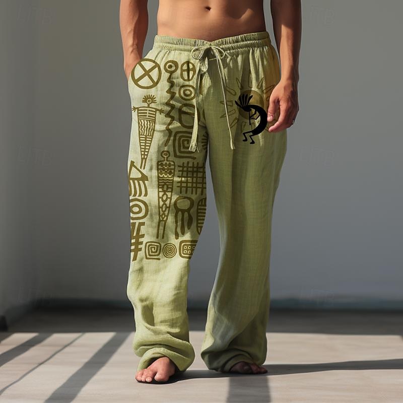 Men's Grid / Plaid Geometric Pattern Linen Pants Baggy Pants Mid Waist Vintage Ethnic Style Casual Outdoor Streetwear Elastic Waist Spring &  Fall Fall & Winter Green Khaki4