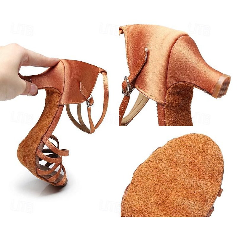 Women's Satin Latin Dance Shoes with Strappy Design and Kitten Heels - Ballroom Dance Sandals for Salsa, Tango, and Rumba3