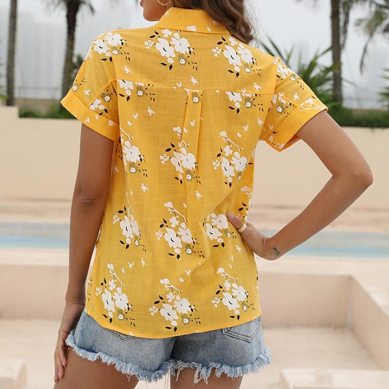 Women's Shirt Cotton Linen Shirts Button Up Blouse Floral Casual Short Sleeve Shirt Collar Regular Tops Vacation Daily Buttons Pocket Print White Yellow Blue Summer2
