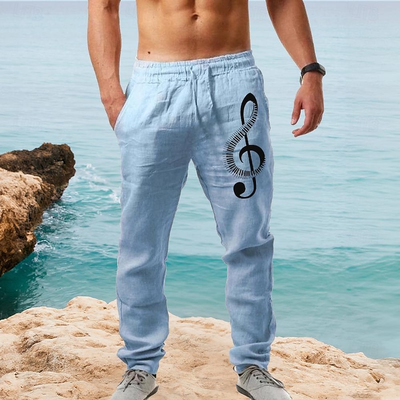 Men's Summer Pants Elastic Waist Graphic Prints Musical Instrument Comfort Full Length Outdoor Streetwear Vacation Hawaiian Black White Micro-elastic
