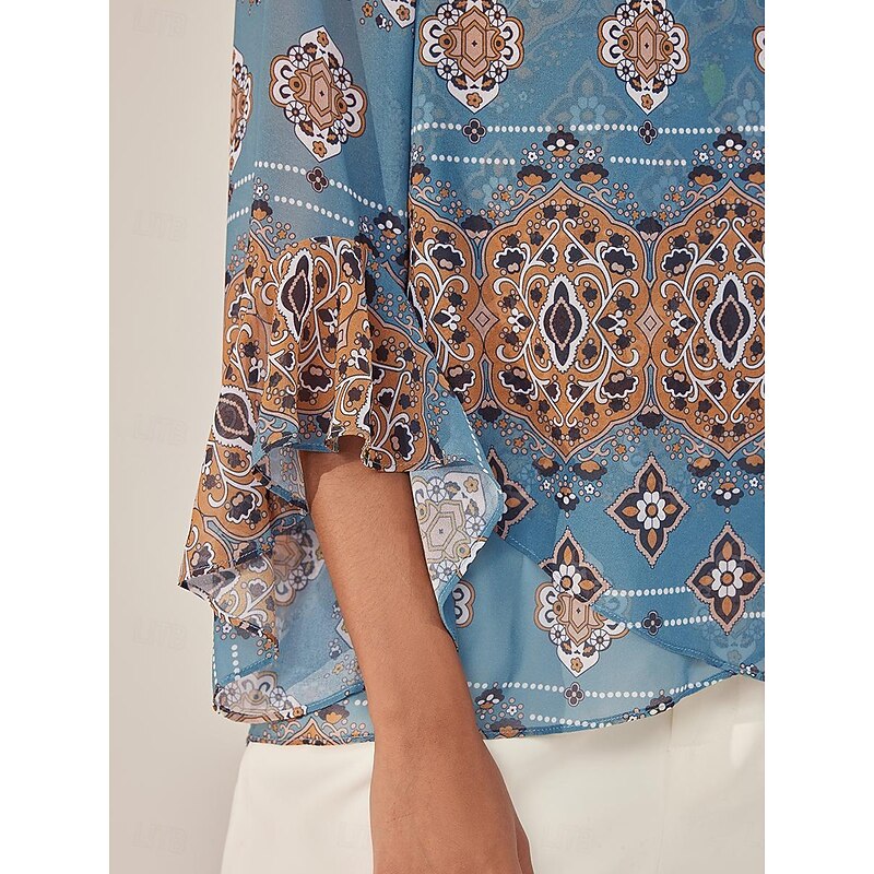 Women's Blouse Graphic Elegant 3/4 Length Sleeve Bell Sleeve V Neck Regular Tops Work Ruffle Blue Summer Spring Fall4