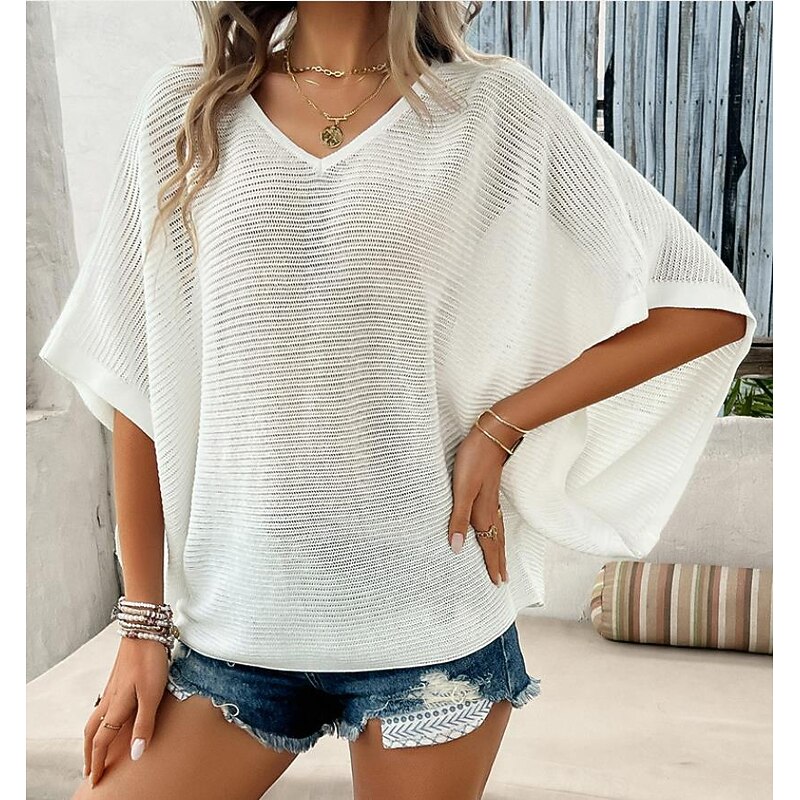 Women's Sweater Elegant Solid Color Crochet V Neck Knitted Half Sleeve Regular Tops Knit Daily Wine Red White Summer3