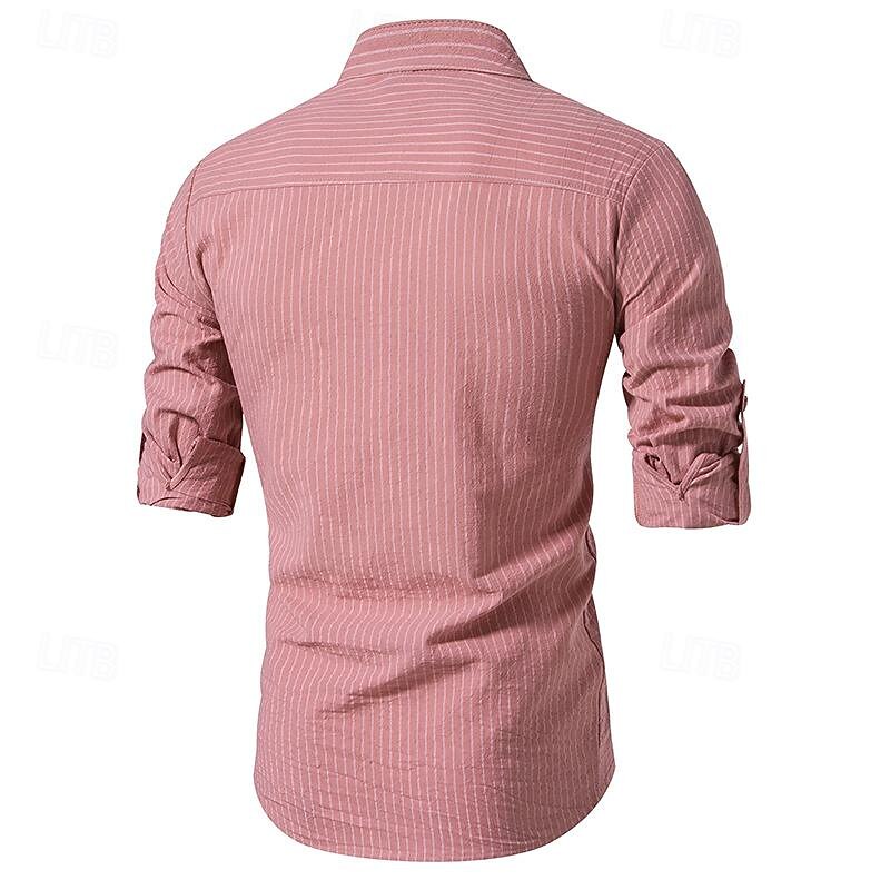 Men's Shirt Chinese Collar Shirt Mandarin Collar Shirt Popover Shirt Casual Shirt Cotton Shirt Striped Vacation Hawaiian Black White Pink Purple Long Sleeve Band Collar Spring &  Fall Clothing Apparel3