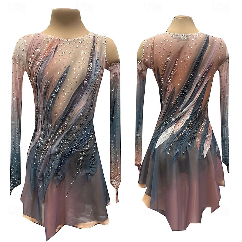 Figure Skating Dress Women's Girls' Ice Skating Dress Coffee Thumbhole Halo Dyeing High Elasticity Professional Competition Skating Wear Thermal Warm Crystal / Rhinestone Long Sleeve Ice Skating