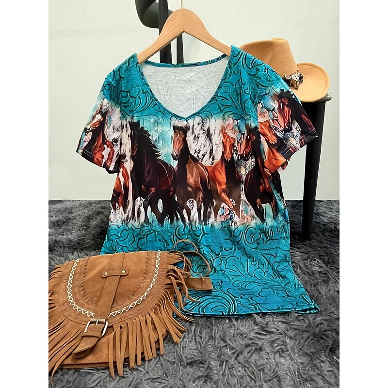 Women's T Shirt Casual Horse Print Short Sleeve Regular Tops V Neck Daily Blue Purple Green Summer3