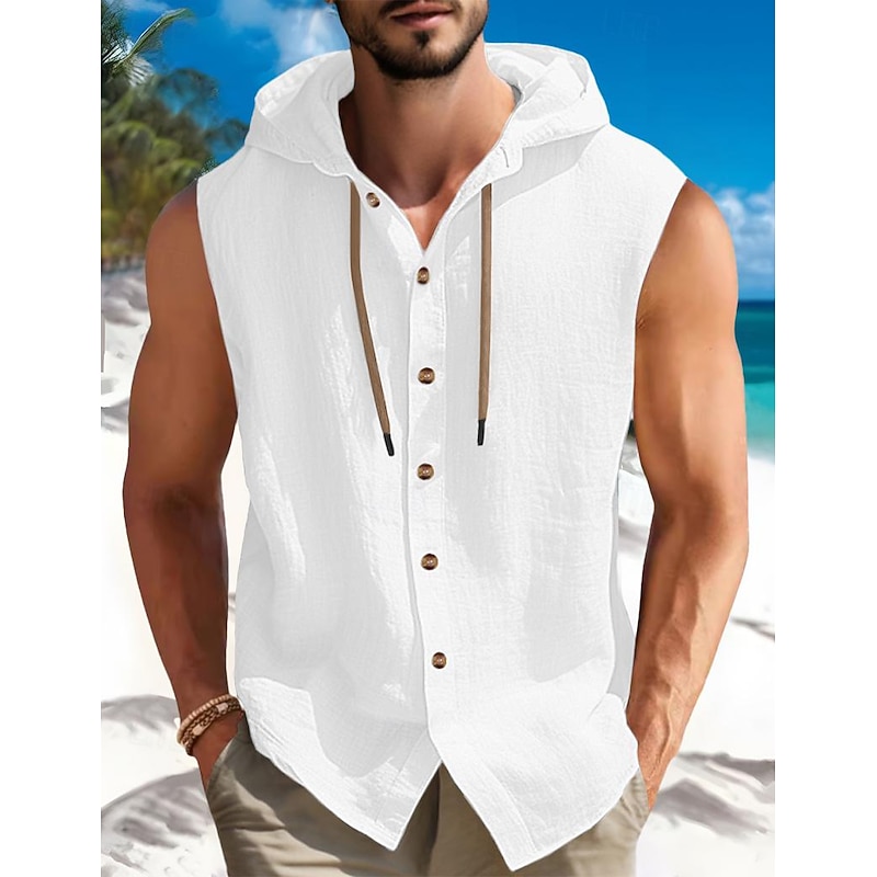 Men's Shirt Summer Shirt Beach Wear Button Up Shirt Plain Vacation Curise Black White Blue Khaki Sleeveless Hooded Summer Spring Clothing Apparel2