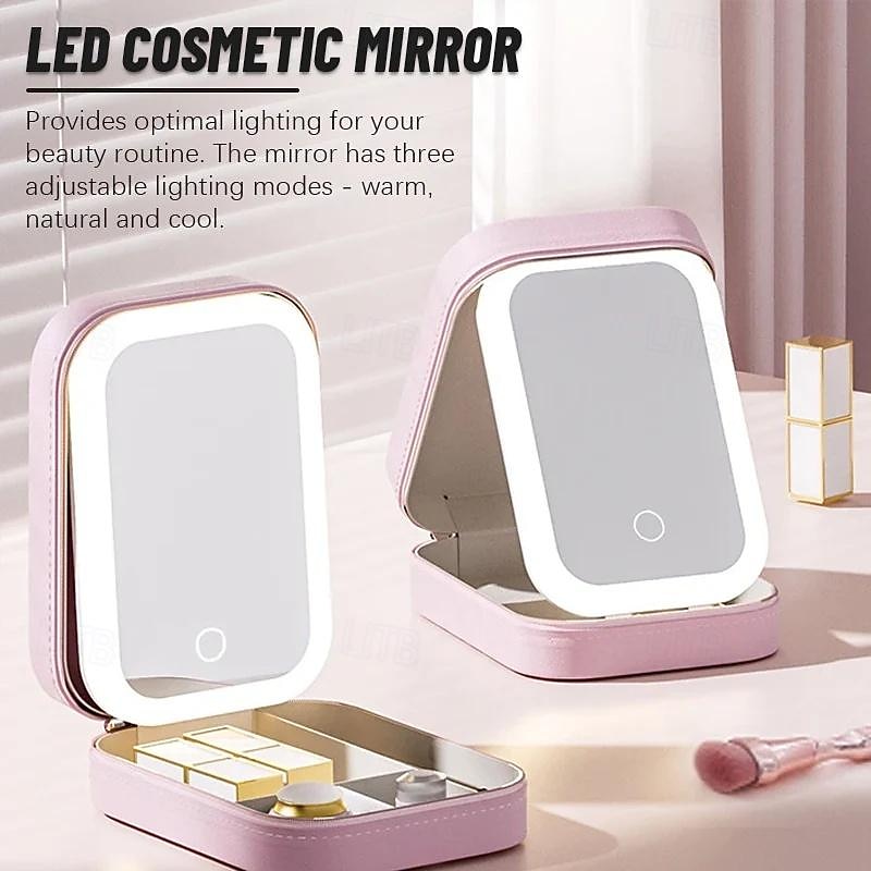 LED Lighted Makeup Mirror with Adjustable Brightness, Portable Vanity Mirror with Built-in Organizer, Travel Cosmetic Case with Jewelry Storage, USB Rechargeable2