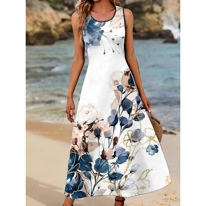 Women's Maxi Dress Sundress Tank Dress Summer Dress Casual Vacation Party Casual Loose Fit Floral Sleeveless Crew Neck Navy Blue Summer