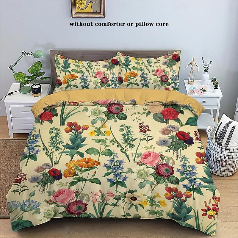 Retro Painted Floral Print 3-Piece Duvet Cover Set for Summer Soft Skin Friendly Long Lasting for Hotel Bedroom Guest Room Bedding Comfy Set - Main Image
