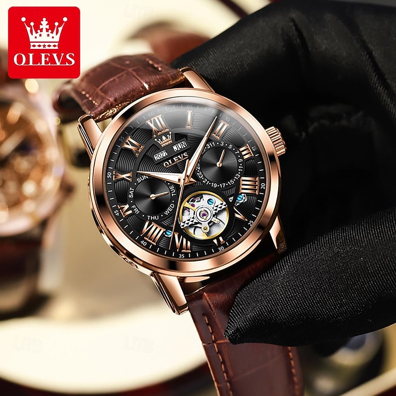 OLEVS Men Mechanical Watch Fashion Casual Wristwatch Automatic Self-winding Luminous Calendar Date Week Leather Watch4