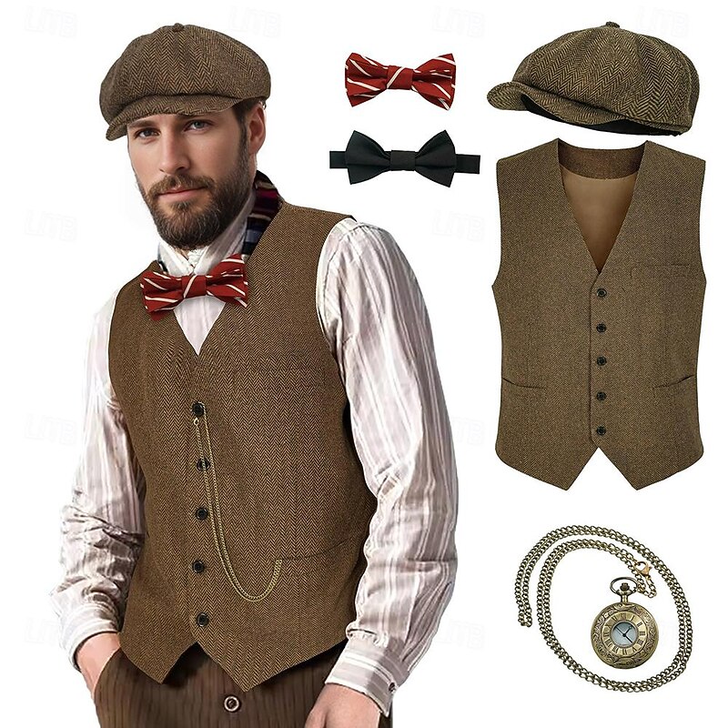 Retro Vintage Roaring 20s 1920s Outfits Waistcoat Gentleman Gangster Fancy Dress Men's Halloween Carnival New Year Carnival Party / Evening Masquerade Adults' Cravat Vest Hat All Seasons