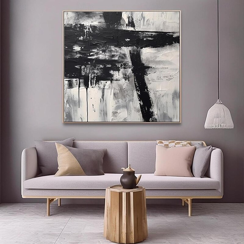 Handmade Oil Painting Acrylic Canvas Wall Art Decoration Minimal Black and White Abstract Texture for Home Decor Rolled Frameless Unstretched Painting3