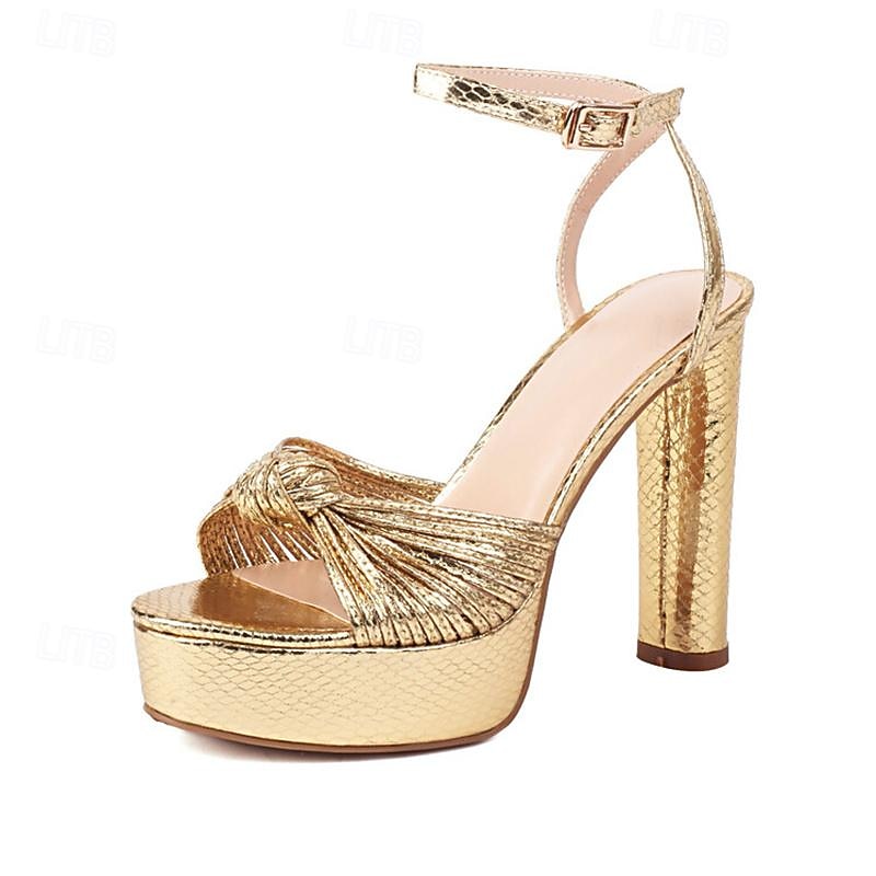 Women's Gold Platform High Heel Sandals – Metallic Strappy Peep-Toe Party Shoes with Chunky Block Heels for Evening & Wedding3