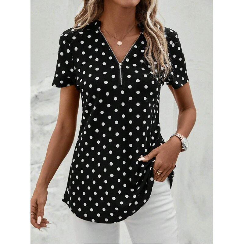 Women's Shirt Stylish Polka Dot Zipper Short Sleeve Zip Daily Black Summer2