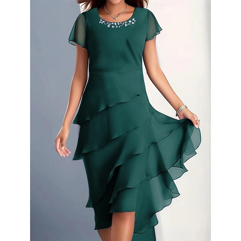 Women's Midi Dress Cocktail Dress Wedding Guest Dress Chiffon Dress Plain Dress Elegant Formal Wedding Guest Cocktail Party Regular Fit Short Sleeve Crew Neck Wine Blue Camel Green Summer3