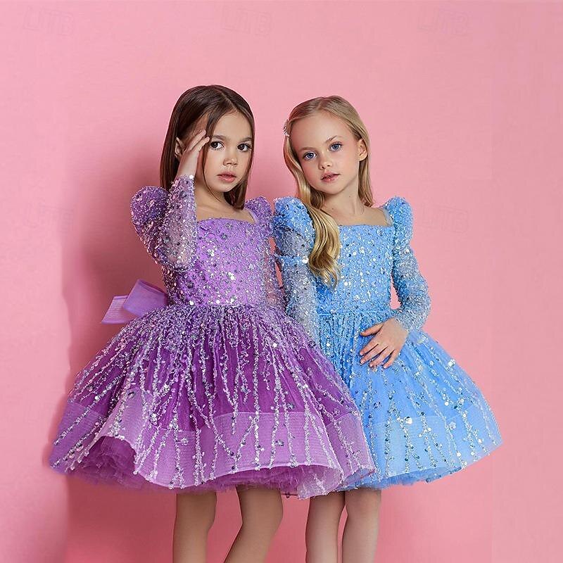 Toddler Girls' Party Dress Sequin 3/4 Length Sleeve Performance Mesh Cute Princess Polyester Above Knee Sheath Dress Tulle Dress Summer Spring Fall 4-7 Years Pink Purple2