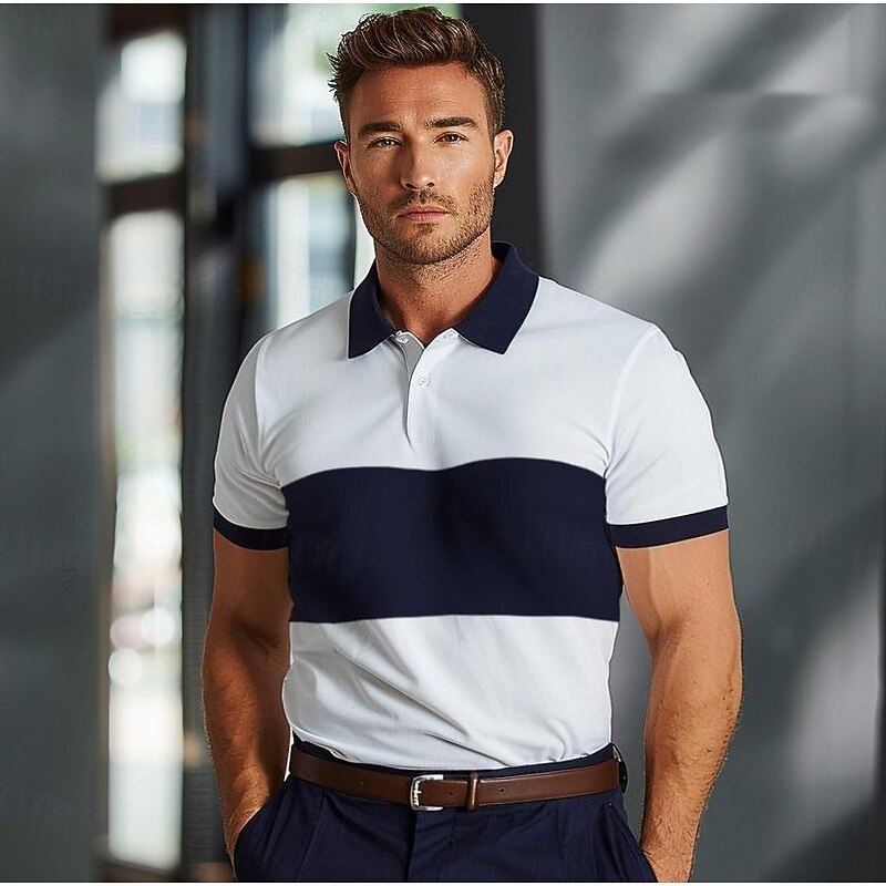 Men's 100%Cotton Polo Knit Polo Sweater Business Casual Lapel Short Sleeve Modern Formal Solid Color Button Summer White Polo