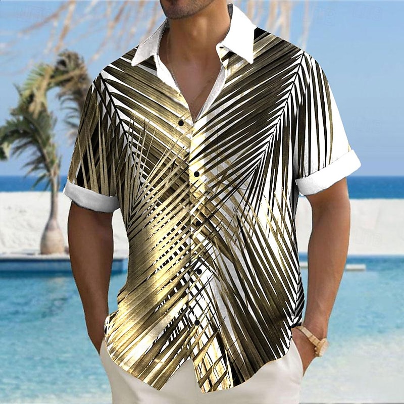 Men's Palm Leaf Button Up Shirt Short Sleeve Hawaiian Casual Resort Outdoor Casual Holiday Summer Spring Turndown Print Yellow Blue Pink / Purple Green4