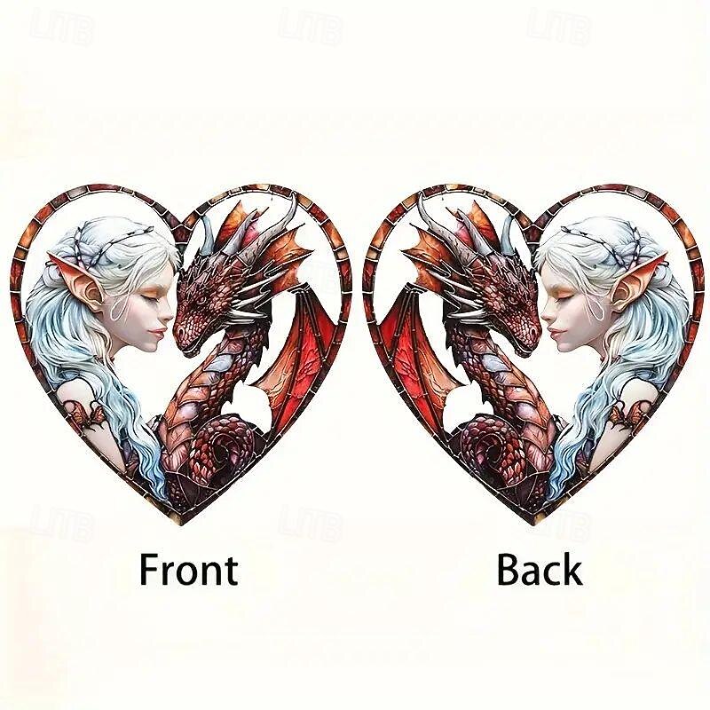 Dragon Girl Heart-Shaped Acrylic Sign - Sun Catcher & Shade Stained Glass Window Hanging Perfect Gift For Mom & Friends Colorful Wall Art For Garden Porch Home Decor (8X8cm)4