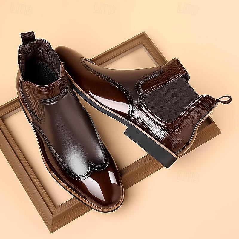 Men's Patent Faux Leather Chelsea Boots – Classic Wingtip Brogue Design for Formal and Casual Occasions